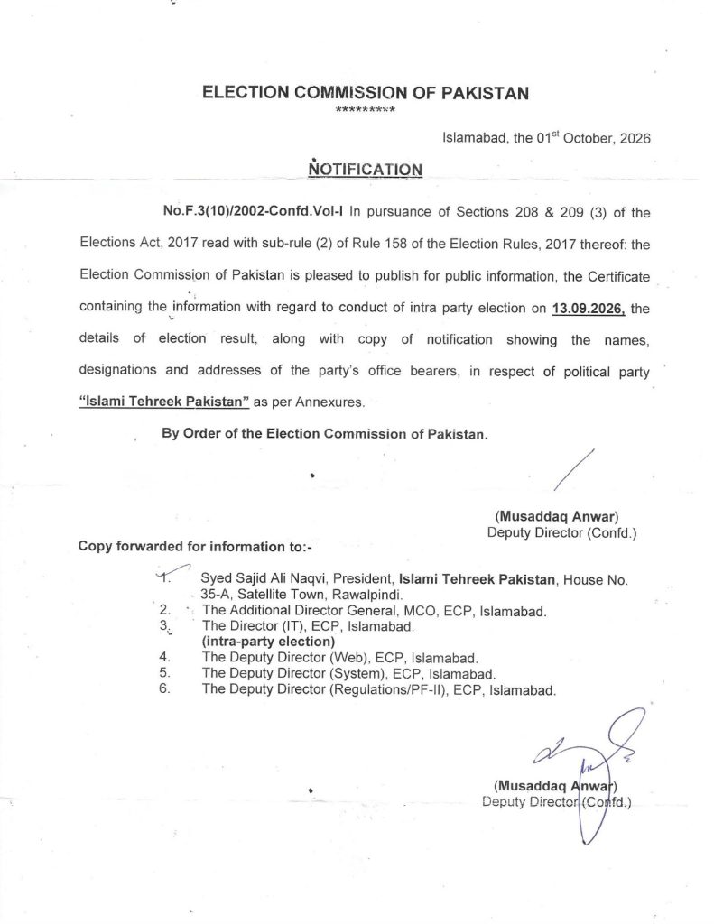 الیکشن کمیشن نے اسلامی تحریک پاکستان کے انٹرا پارٹی انتخابات کے نتائج کی منظوری دے دی